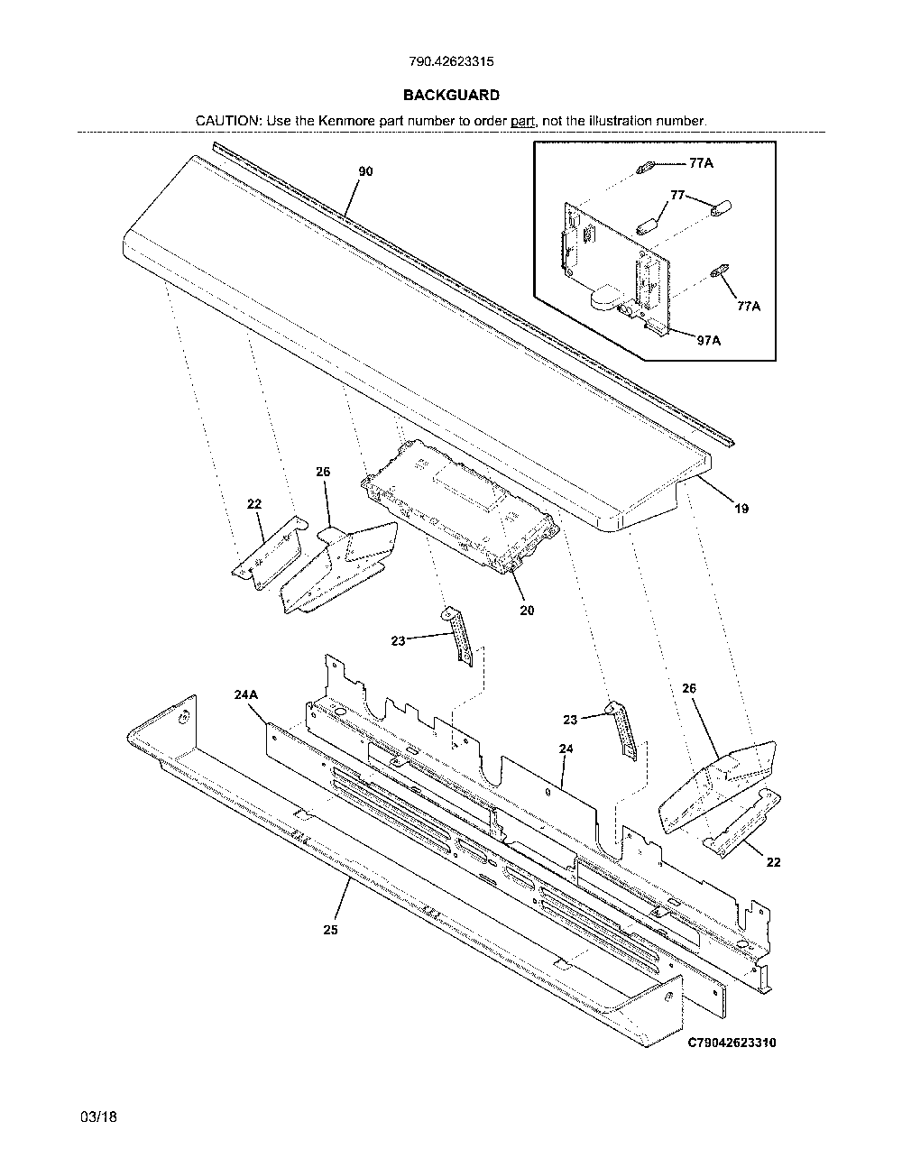 Backguard Diagram and Parts List for 79042623315  Kenmore Range
