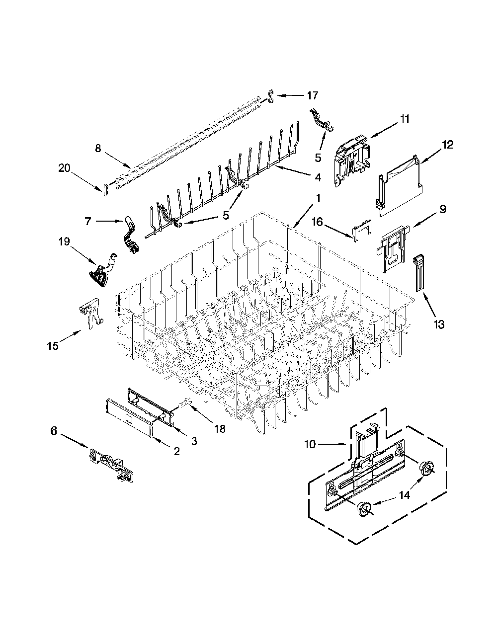 Upper Rack And Track Parts Diagram and Parts List for 66512774K314  Kenmore Dishwasher