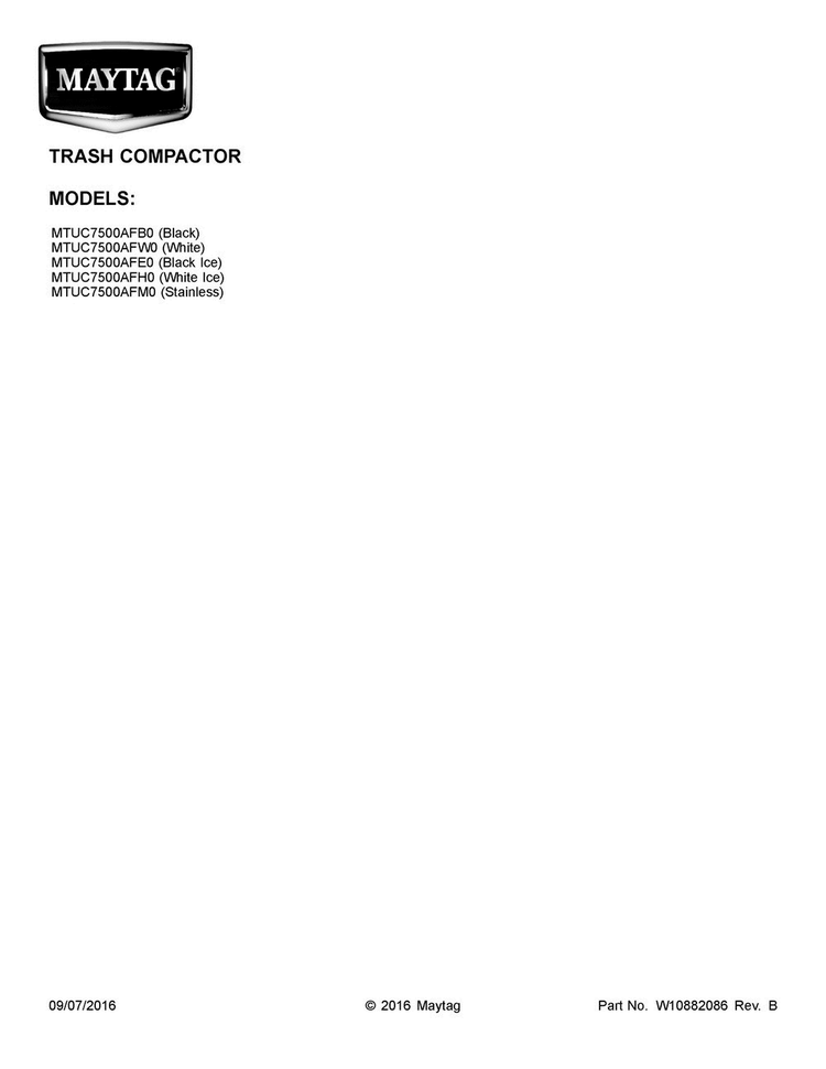 Cover Sheet Diagram and Parts List for MTUC7500AFH0  Maytag Trash Compactor