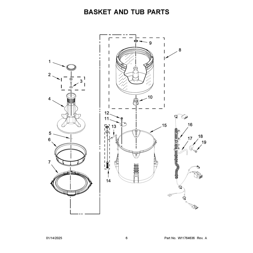 Basket And Tub Parts Diagram and Parts List for MAT24PRAWW0  Maytag Washer