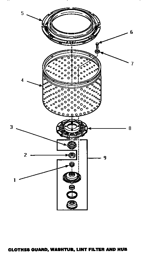 Clothes Guard, Washtub, Lint Filter & Hub Diagram and Parts List for CW9203W P1163405WW Amana Washer