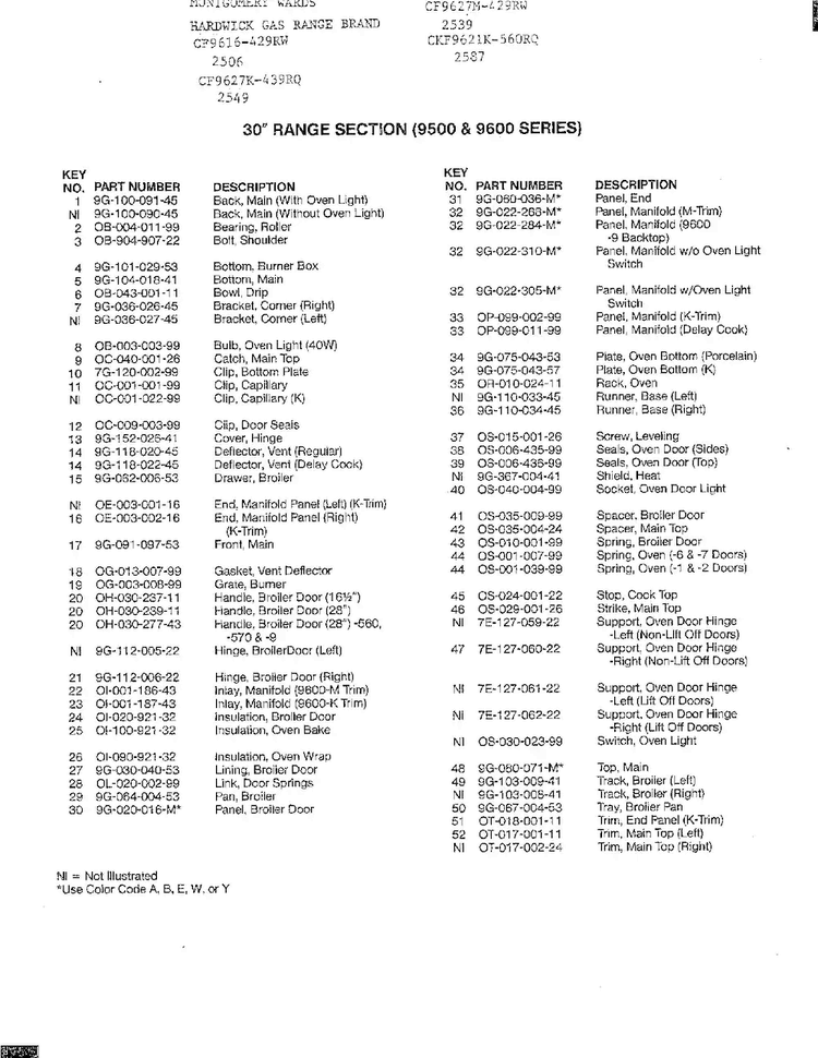 30" Range Section Page 2 Diagram and Parts List for 2549  Hardwick Range