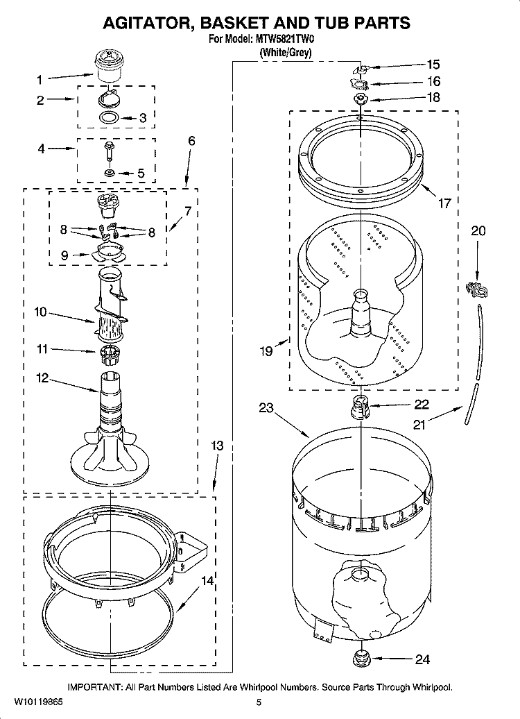 AGITATOR, BASKET AND TUB PARTS Diagram and Parts List for MTW5821TW0  Maytag Washer