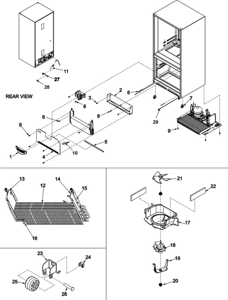 Evaporator Area And Rollers Diagram and Parts List for AFD2535DEW0  Amana Refrigerator