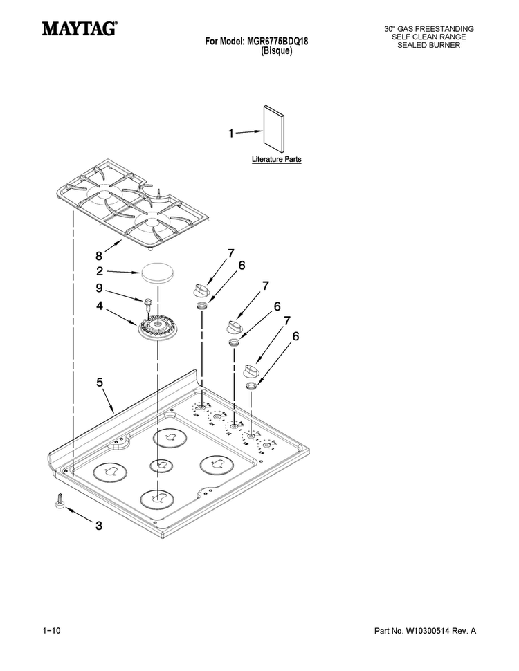 Cooktop Parts Diagram and Parts List for MGR6775BDQ18  Maytag Range