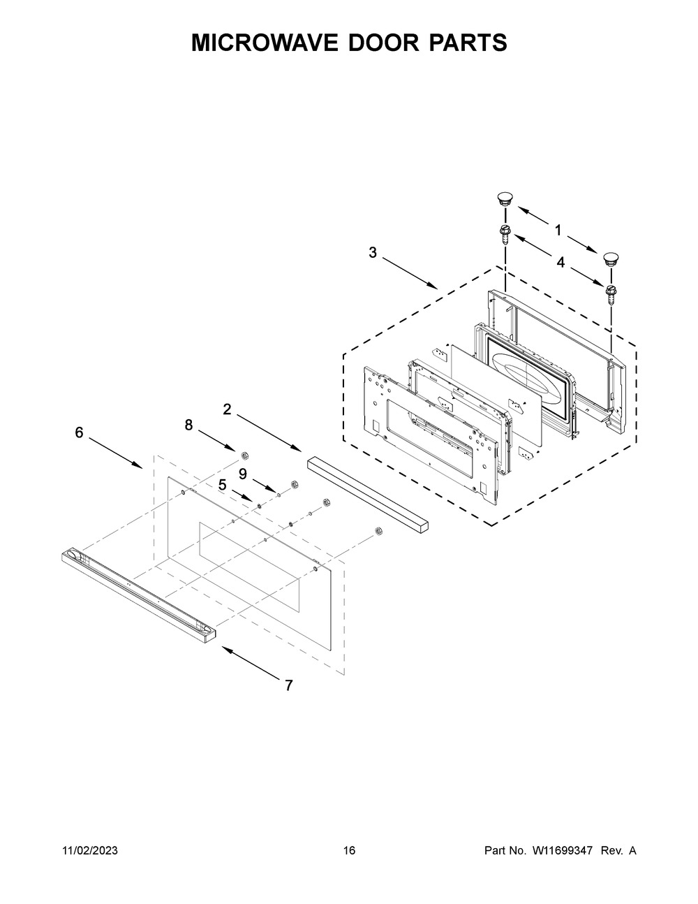Microwave Door Parts Diagram and Parts List for JMW2430LM03  Jenn-Air Microwave Oven Combo
