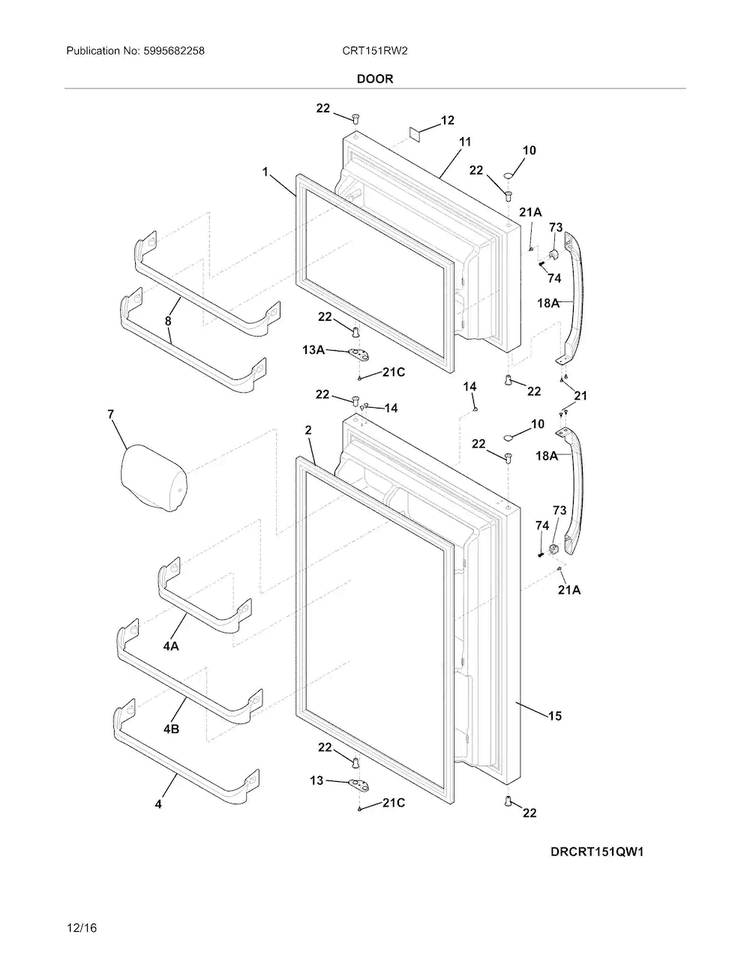 Door Diagram and Parts List for CRT151RW2  Crosley Refrigerator