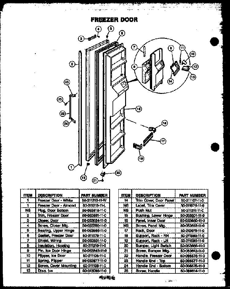 Freezer Door Diagram and Parts List for GFD240 MN04 Caloric Refrigerator