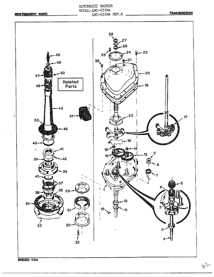 Automatic Washer-transmission Diagram and Parts List for 6539A REV A Norge Washer