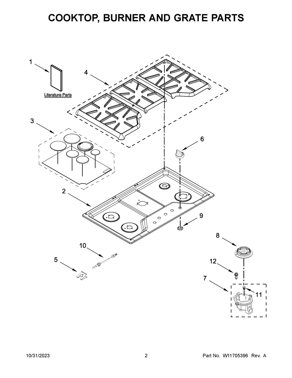 Cooktop, Burner And Grate Parts Diagram and Parts List for MGC7536DS06  Maytag Cooktop