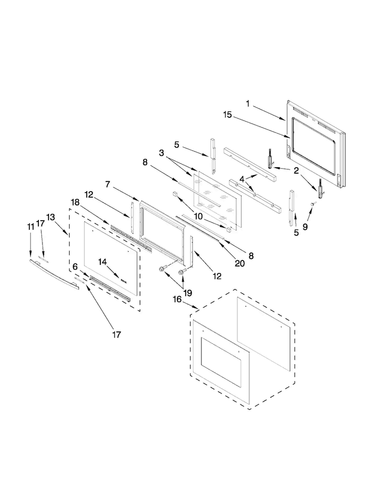 Oven Door Parts Diagram and Parts List for JJW2427WS01  Jenn-Air Wall Oven