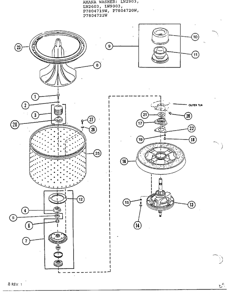 Tub Parts Diagram and Parts List for P7804719W  Amana Washer