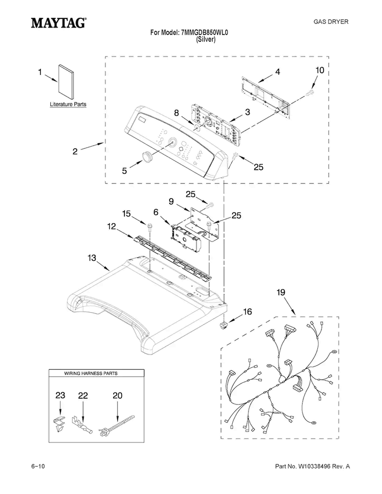 Top And Console Parts Diagram and Parts List for 7MMGDB850WL0  Maytag Dryer