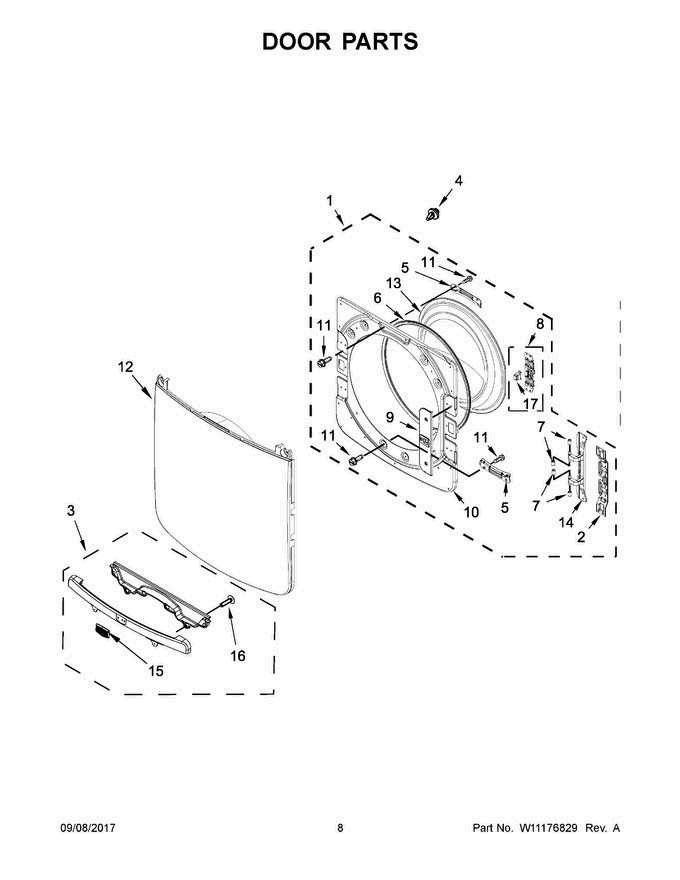05 - Door Parts Diagram and Parts List for MED3500FW1  Maytag Dryer