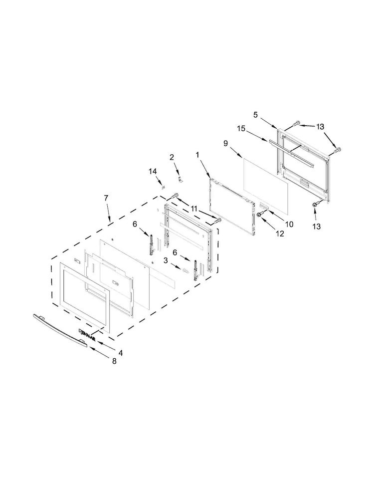 Lower Oven Door Parts Diagram and Parts List for JJW3830DS01  Jenn-Air Wall Oven