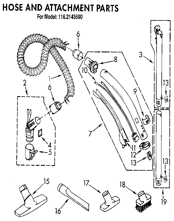 Hose And Attachment Diagram and Parts List for 1162143590  Kenmore Canister Vacuum