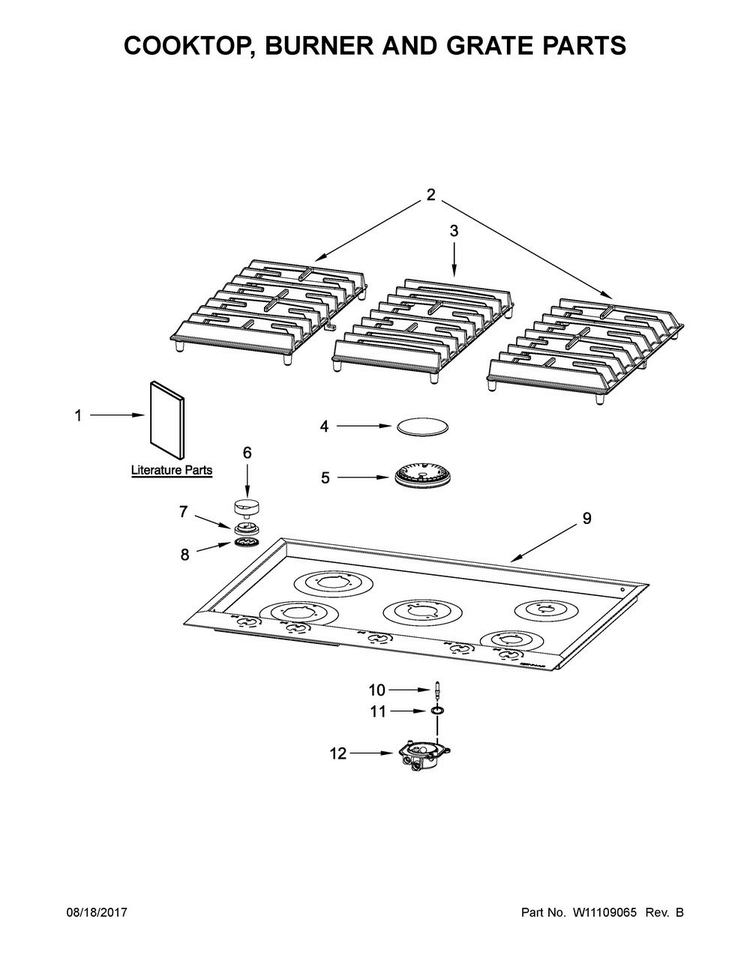 Cooktop, Burner And Grate Parts Diagram and Parts List for JGC3530GS0  Jenn-Air Cooktop