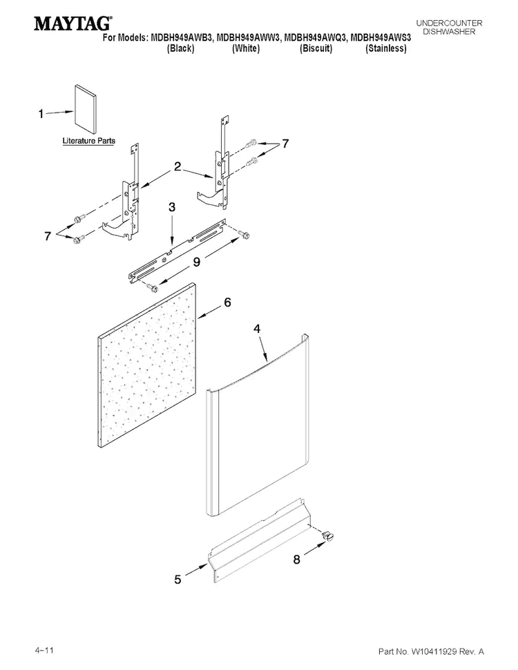 Door And Panel Parts Diagram and Parts List for MDBH949AWQ3  Maytag Dishwasher