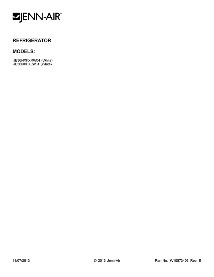 Cover Sheet Diagram and Parts List for JB36NXFXLW04  Jenn-Air Refrigerator