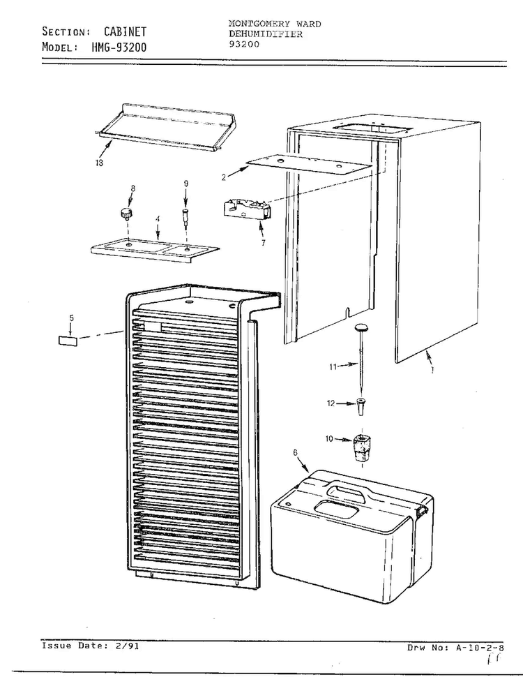 Cabinet Diagram and Parts List for 93200  Admiral Dehumidifier