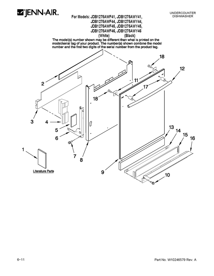 Door And Panel Parts Diagram and Parts List for JDB1275AWF44  Jenn-Air Dishwasher