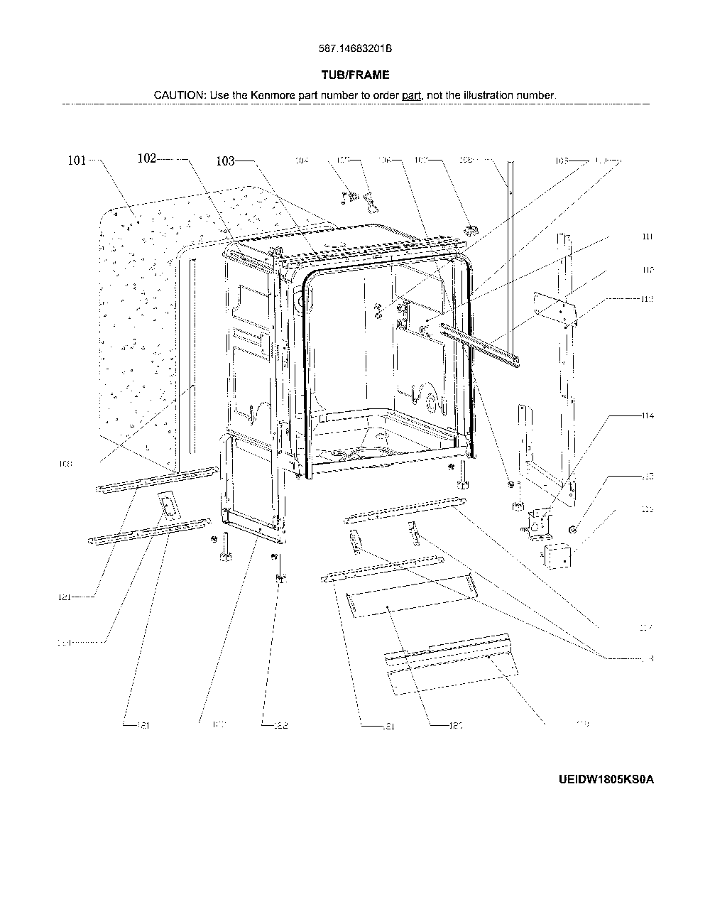 Tub/Frame Diagram and Parts List for 58714683201B  Kenmore Dishwasher