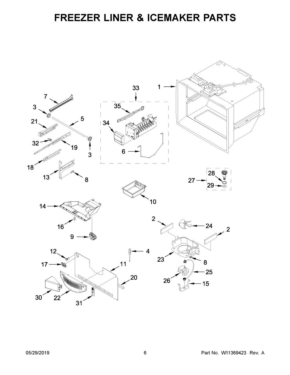 Freezer Liner & Icemaker Parts Diagram and Parts List for MBF1958FEZ03  Maytag Refrigerator