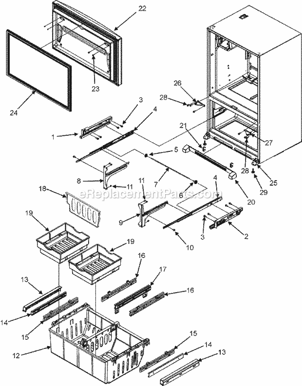 FRZ DOOR / DRAWER / TOE GRILLE / CTR HINGE Diagram and Parts List for MFI2568AES  Maytag Refrigerator