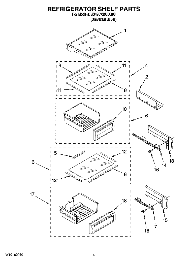 REFRIGERATOR SHELF PARTS Diagram and Parts List for JS42CXDUDB00  Jenn-Air Refrigerator