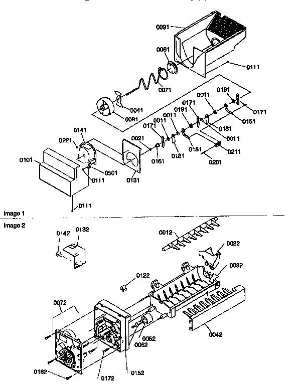 Ice Bucket And Ice Maker Diagram and Parts List for 57085-P1190813WE  Amana Refrigerator