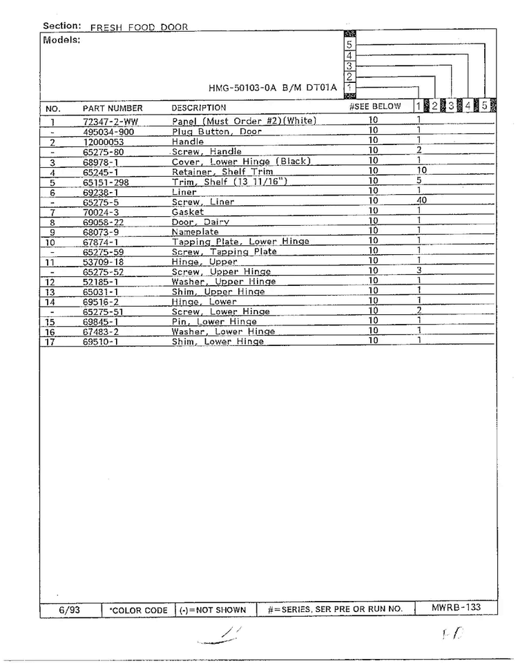 Fresh Food Door Page 2 Diagram and Parts List for 50103-0A  Admiral Refrigerator