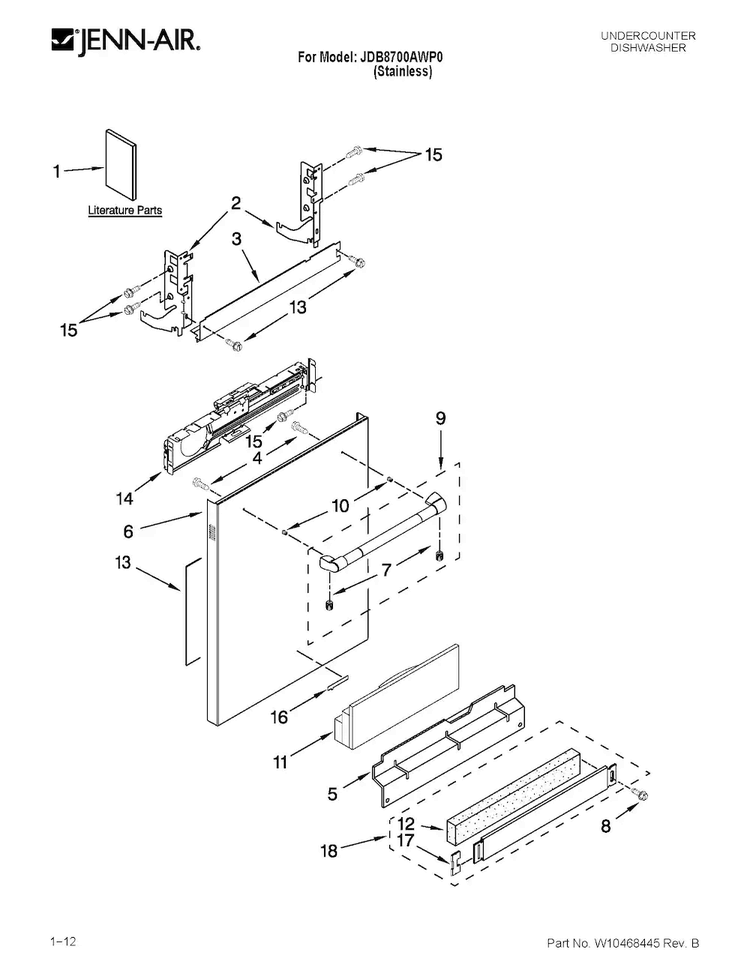 Door And Panel Parts Diagram and Parts List for JDB8700AWP0  Jenn-Air Dishwasher