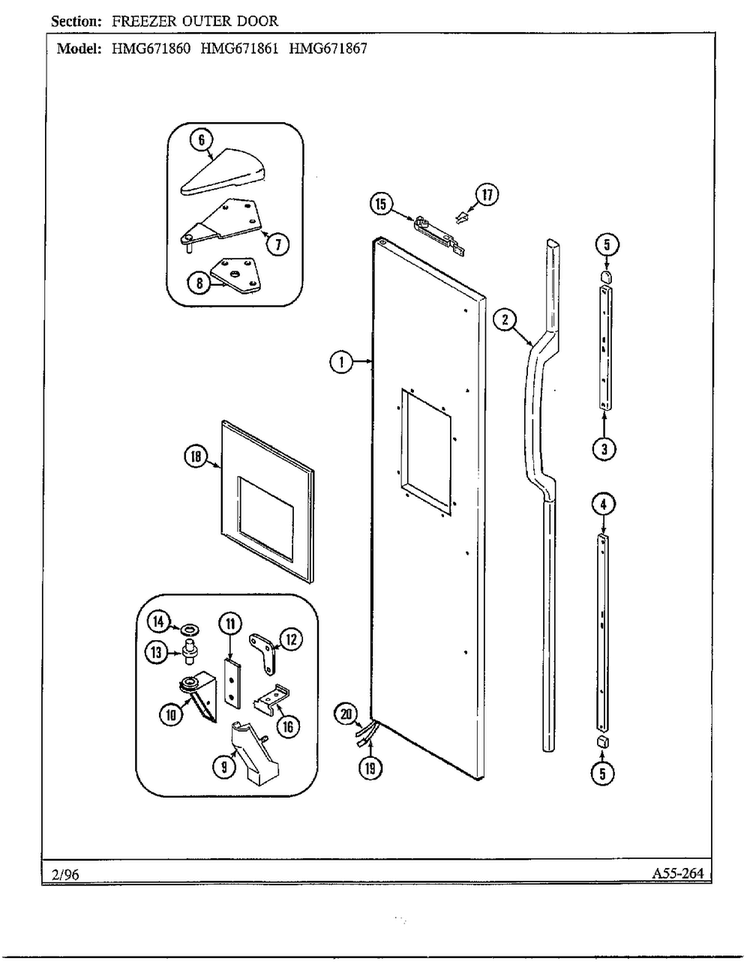 Freezer Outer Door Diagram and Parts List for 671867  Admiral Refrigerator