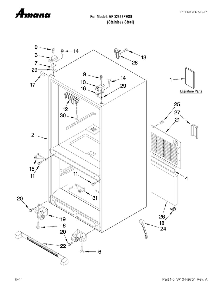 Cabinet Parts Diagram and Parts List for AFD2535FES9  Amana Refrigerator
