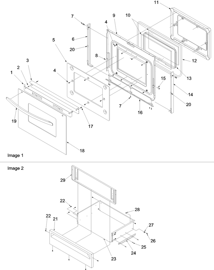 Oven Door And Storage Drawer Diagram and Parts List for OEMA1-ARG7800E  Amana Range