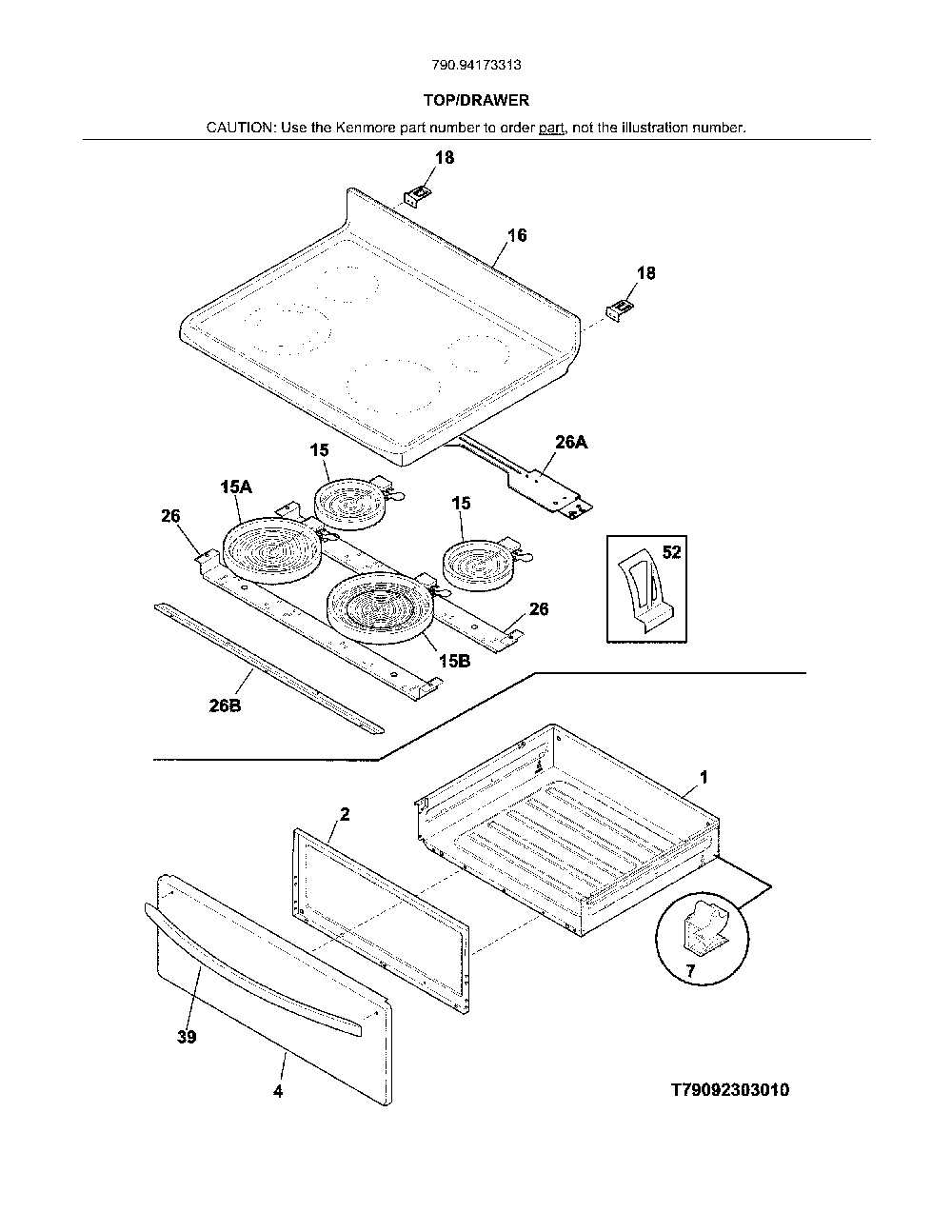 Top/Drawer Diagram and Parts List for 79094173313  Kenmore Range