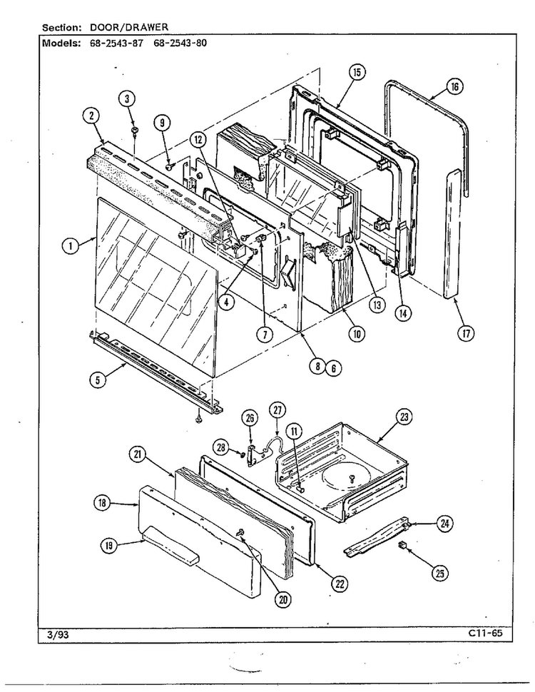 Door/drawer Diagram and Parts List for 2543  Magic Chef Range