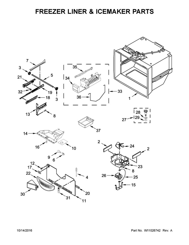 Freezer Liner & Icemaker Parts Diagram and Parts List for MBF1958FEZ01  Maytag Refrigerator