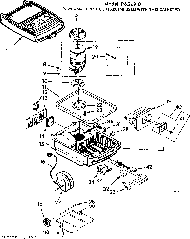 Base Assembly Diagram and Parts List for 11626910  Kenmore Canister Vacuum