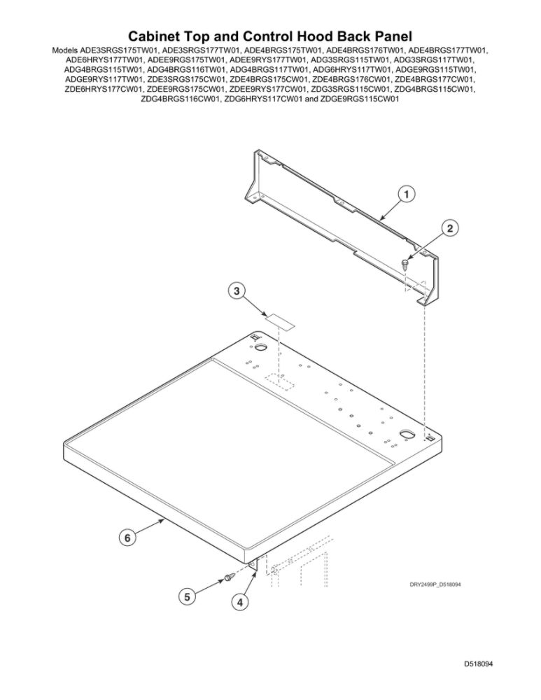Cabinet Top/Control Hood Back Panel Diagram and Parts List for ADE6HRYS177TW01  Speed Queen Dryer