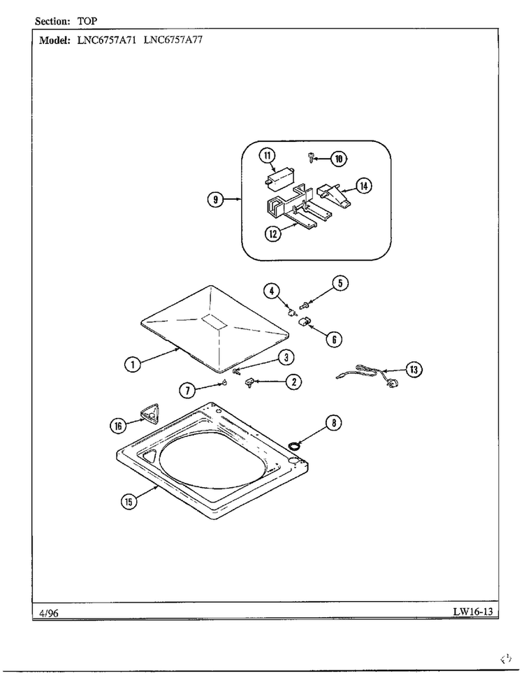 Top Diagram and Parts List for LNC6757A77  Admiral Washer