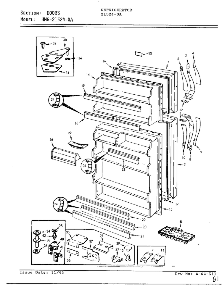 Doors Diagram and Parts List for 21524-0A  Admiral Refrigerator
