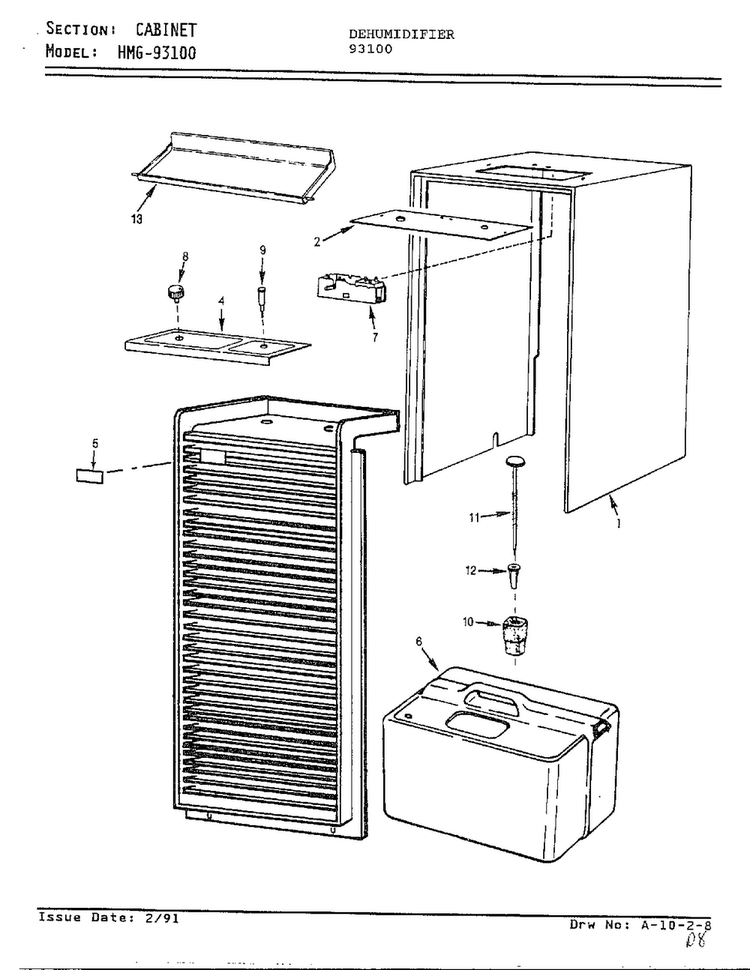 Cabinet Diagram and Parts List for 93100  Admiral Dehumidifier
