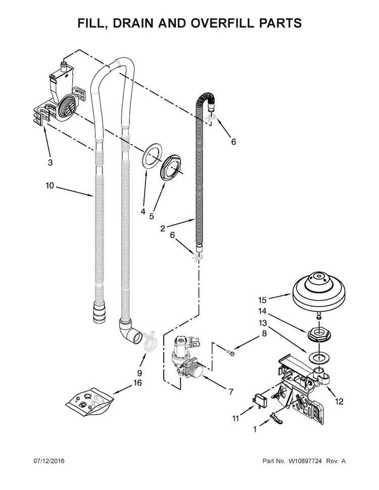 Fill, Drain And Overfill Parts Diagram and Parts List for MDB7949SDE3  Maytag Dishwasher