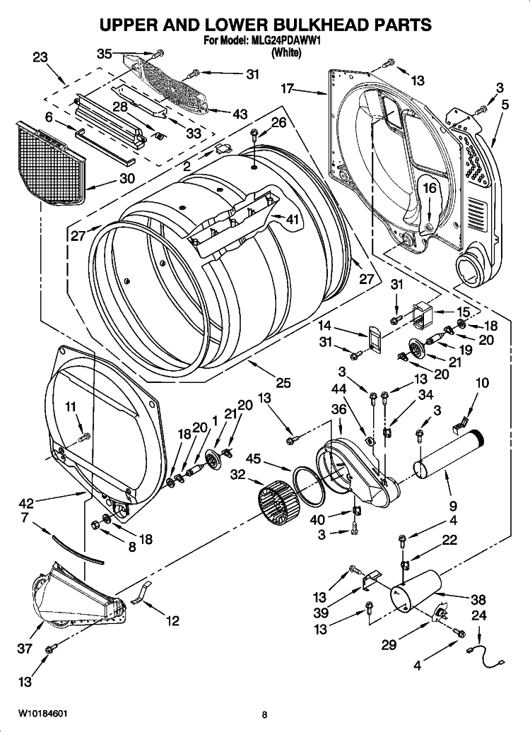 UPPER AND LOWER BULKHEAD PARTS Diagram and Parts List for MLG24PDAWW1  Maytag Dryer