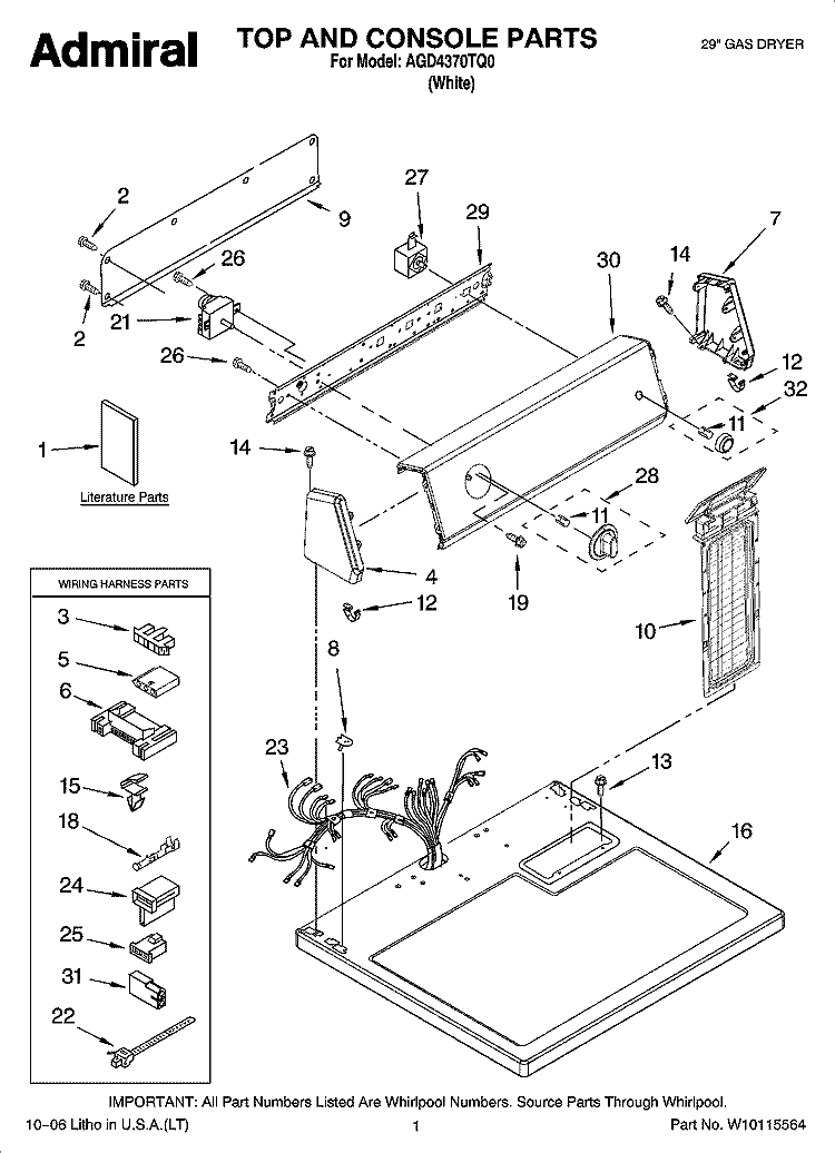 TOP AND CONSOLE PARTS Diagram and Parts List for AGD4370TQ0  Admiral Dryer