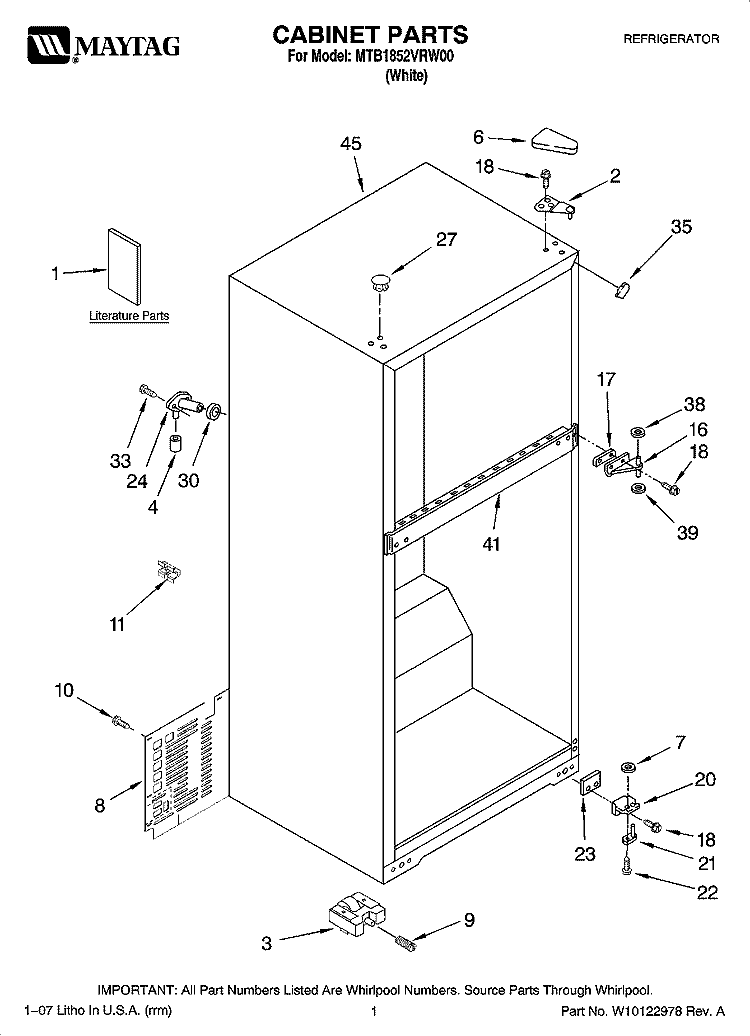 CABINET PARTS Diagram and Parts List for MTB1852VRW00  Maytag Refrigerator
