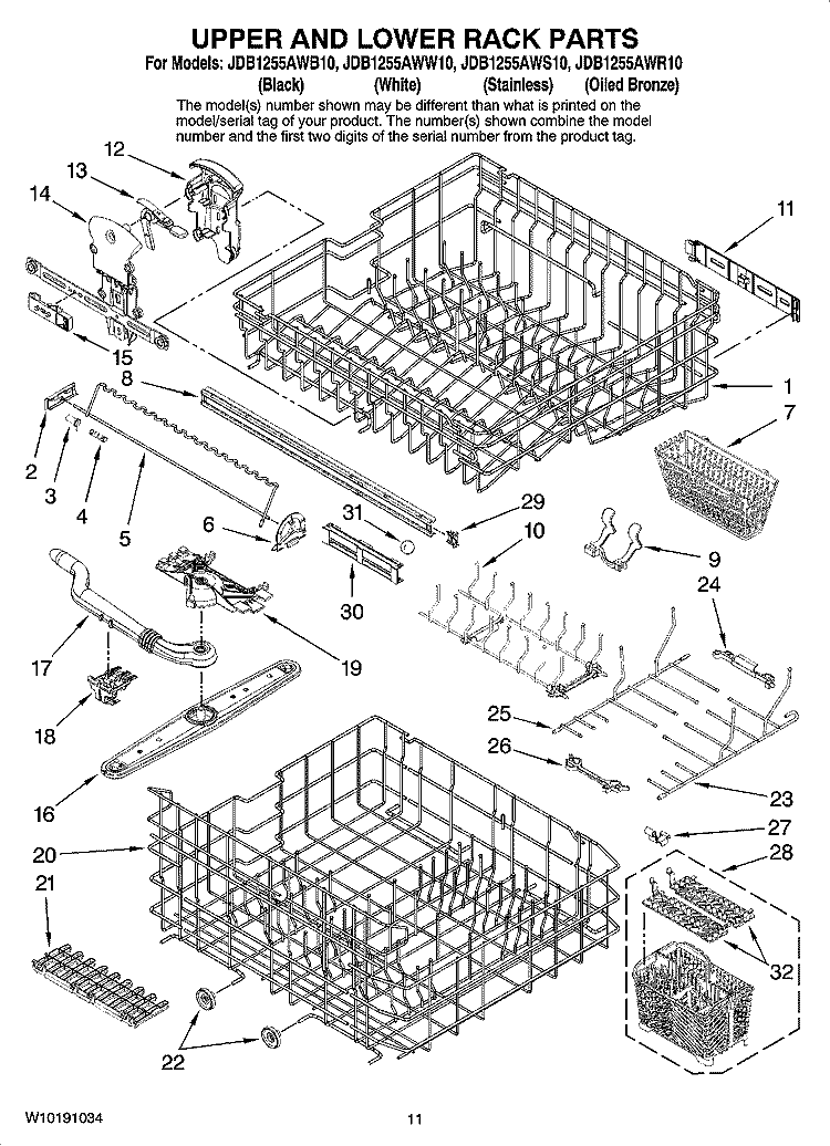 UPPER AND LOWER RACK PARTS Diagram and Parts List for JDB1255AWB10  Jenn-Air Dishwasher