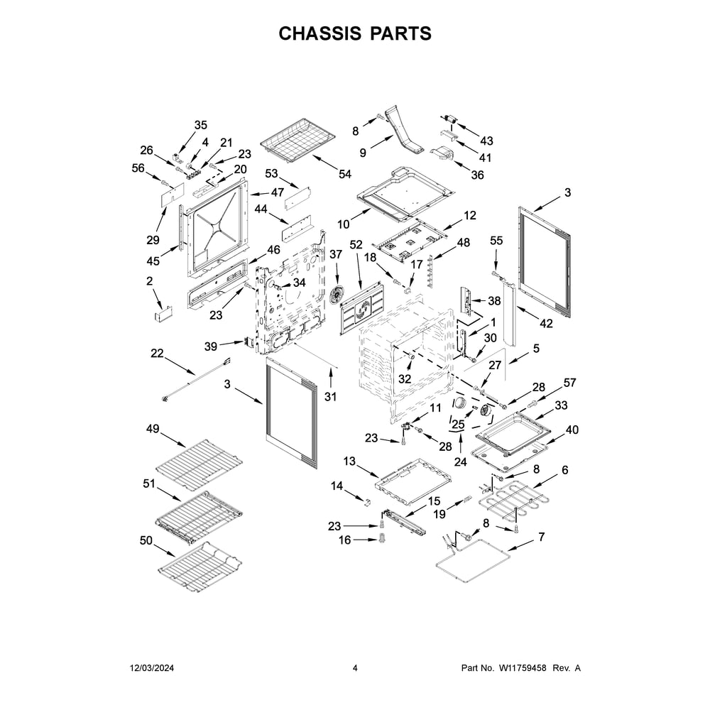 Chassis Parts Diagram and Parts List for JDS1450ML2  Jenn-Air Range