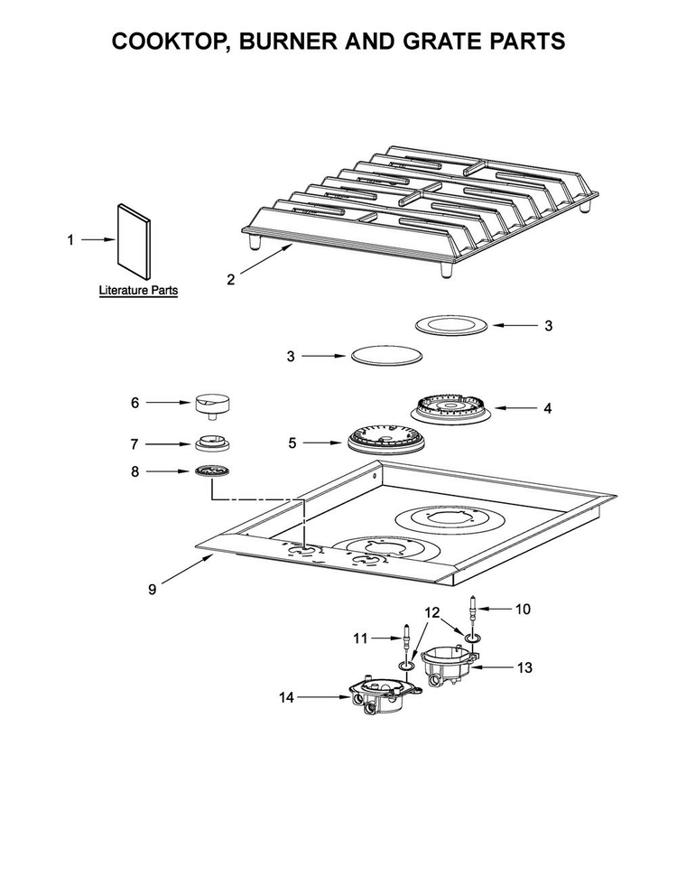 Cooktop, Burner And Grate Parts Diagram and Parts List for JGC3215GS0  Jenn-Air Cooktop